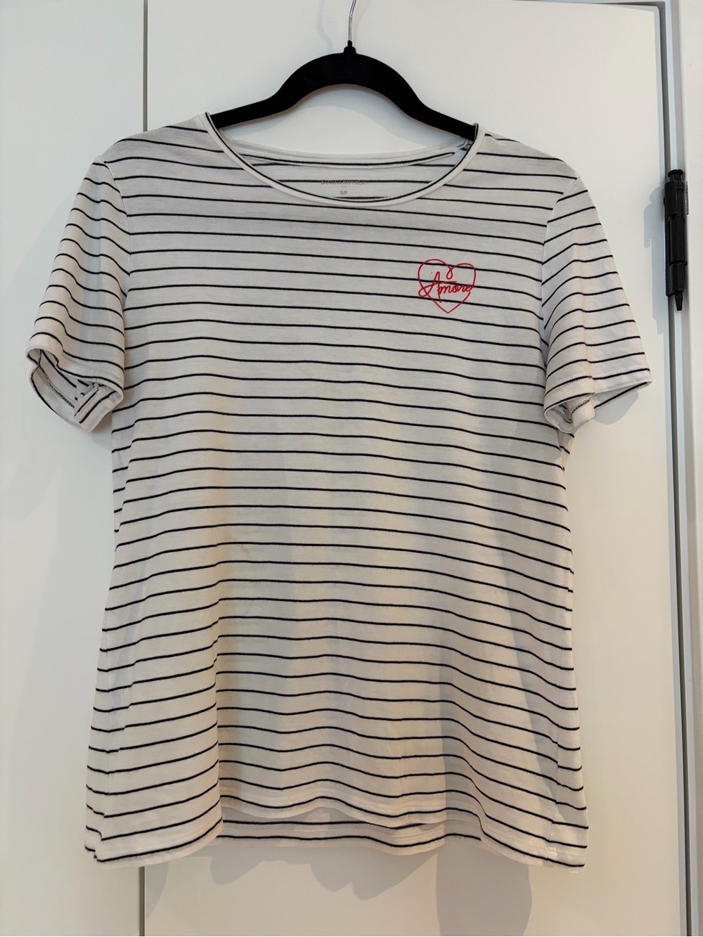 Banana Republic Cream and Black Striped Tee with Red Heart Accent